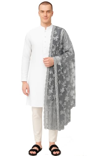 Image of Weavers Villa Net Floral Embroided Dupatta for Men