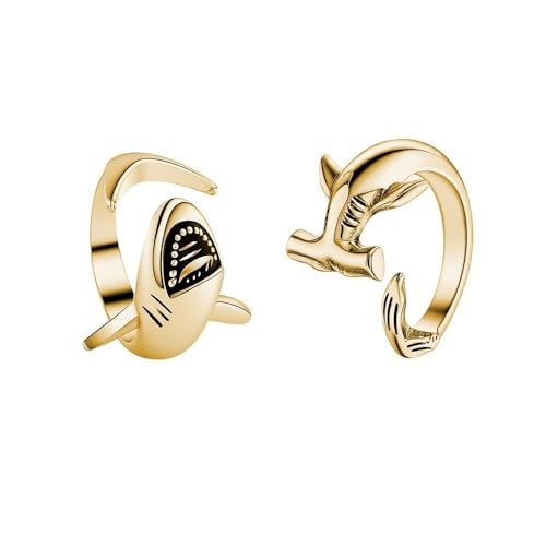 Yocoyee 2pcs White Shark and Hammerhead Shark Rings Necklace Ocean Animal Personality Jewelry for Women Men-2pcs Gold