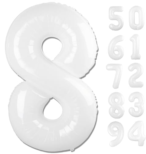Image of White 8 Balloon, Translucent Number Balloons 40 Inch, 8th Birthday Decorations, White Birthday Balloons, White Party Supplies, Number 8 Balloon