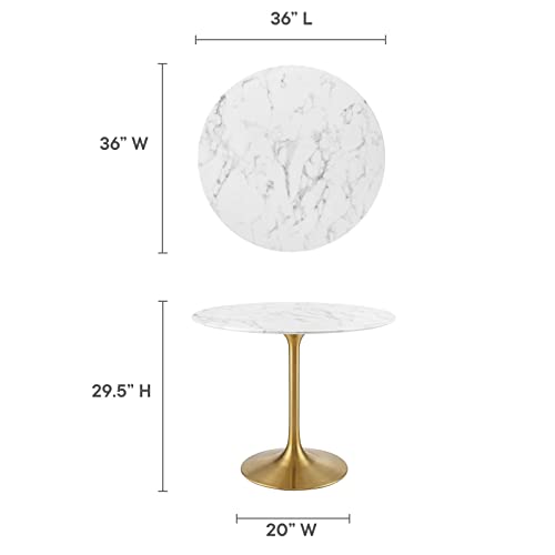 Image of Modway Lippa 36 inch Mid-Century Dining Table with Round Artificial Marble Top in Gold White