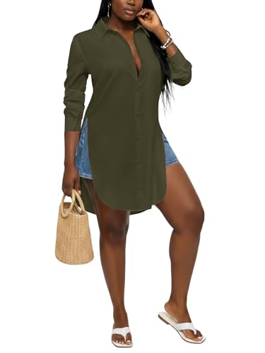 Image of LYANER Women's Collar Neck Long Sleeve Button Down Shirts Sexy Split Hem Tops Long Blouse Shirt Dress