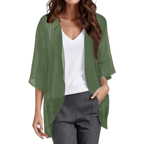 Short Sleeve Cardigans for Women Lightweight Summer Casual Blouses Loose Fit Coat Solid Elegant Puff Sleeve Tops D-Green