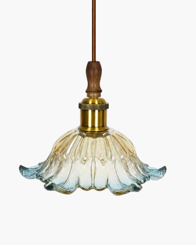 Image of Homesake Botanica Pendant Lamp | Petal Scalloped Glass Hanging Light with Solid Wood Top | Vintage European Ceiling Fixture, Pendant Light for Home Decor, Hallway, Foyer & Balcony, (Tulip, Blue)