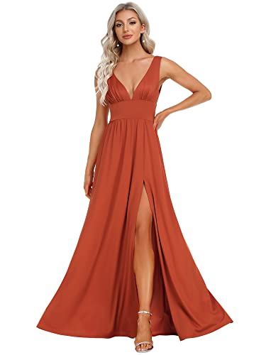 Ever-Pretty Robe Bal de Promo Longue Fendue Col V Mousseline de Soie sans Manche A Line Chic Orange Brûlée 46