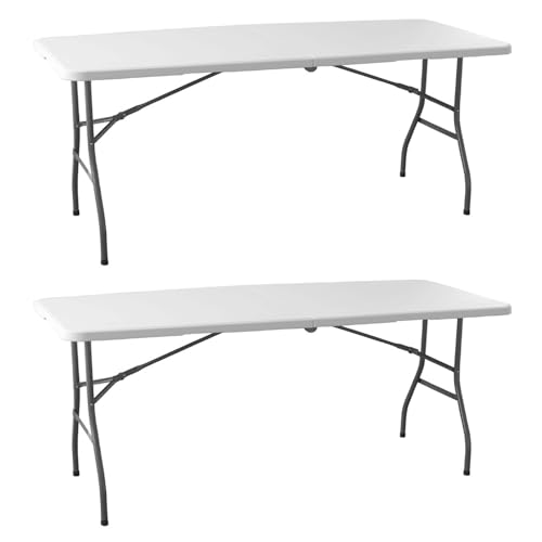 Pack 2 Mesas Plegables 180 cm Catering   Resina HDPE Blanca Alta Densidad   Estructura Acero Reforzado   Patas Plegables Tipo Maleta   Ideal Camping Jardín Eventos Fiestas   Interior y Exterior