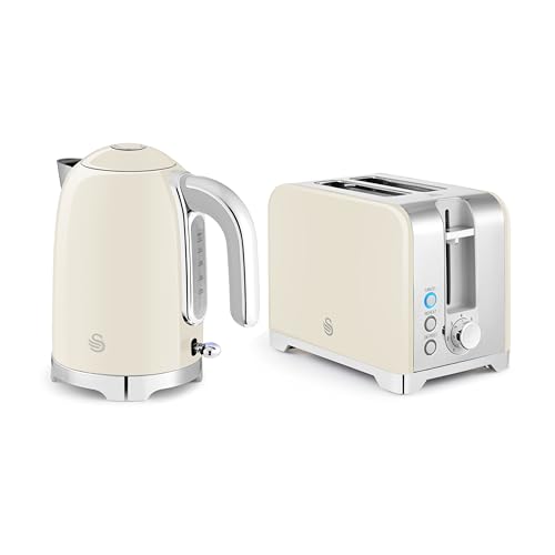 Swan Solace Kitchen Set 1.7L Kettle 930W 2 Slice Toaster SK19026CRM + ST19031CRM Cream with Chrome Trim