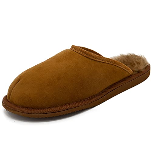 Hollert Lammfell Hausschuhe OLAF Echtfell Merino Lederschuhe atmungsaktiv Schuhgröße 42, Farbe Cognac