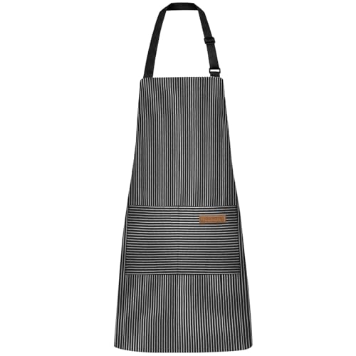 SiHuiTu Heavy Duty Cotton Linen Apron with Pockets for Cooking & BBQ | Adjustable Unisex for Men & Women | Chef, Waiter, Home Kitchen (Black)
