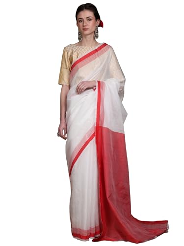Sari en soie de Banaras rayé avec bordure rouge pour femme