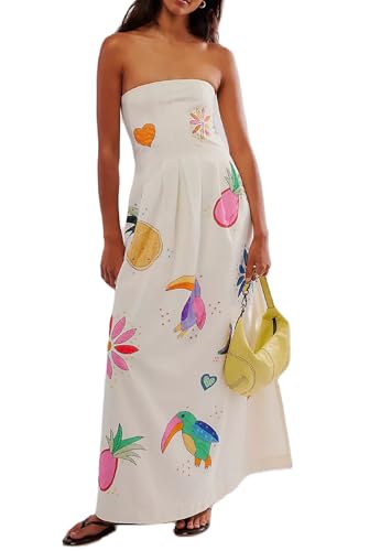 Women Boho Graphic Maxi Tube Dress Strapless Off Shoulder Long