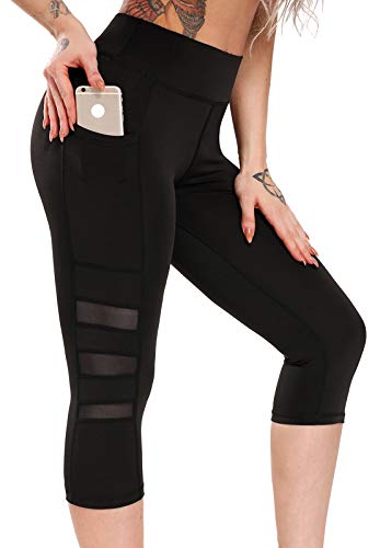 FITTOO Legging de Sport Pantacourt Femme avec Poches Pantalon Yoga Collant Capri Fitness Gym,#1 Noir,M Cover