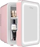 Olvy Frigorifero Cosmetico 4 Litri, Mini Frigo Portatile con Specchio LED, Piccolo Frigo per Cura della Pelle, Raffreddamento e Riscaldamento per Camera, Rosa