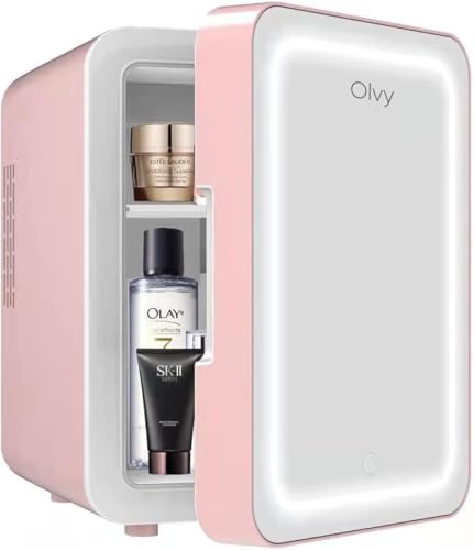 Olvy Frigorífico Cosmético 4 Litros, Mini Nevera Portátil con Espejo LED, Pequeña Nevera para Cuidado de la Piel, Enfriamiento y Calentamiento para Habitación, Rosa