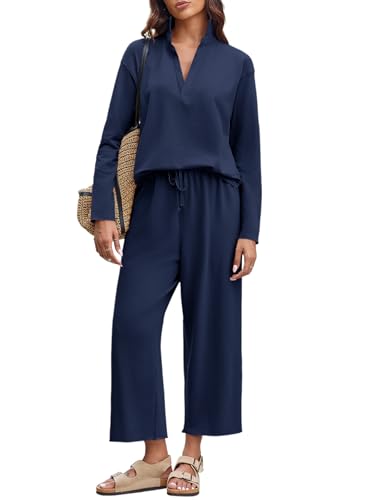 Imily Bela Womens 2 Piece Outfits Sweatsuit Long Sleeve Lapel V Neck Shirt and Wide Leg Pants 2025 Fall Trendy Tracksuit