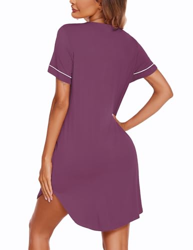 Image of Ekouaer Nightgowns for Women Button Down Night Gowns Short Sleeve Sleep Shirt V Neck Nightshirt Soft Sleepwear Pajams Dress