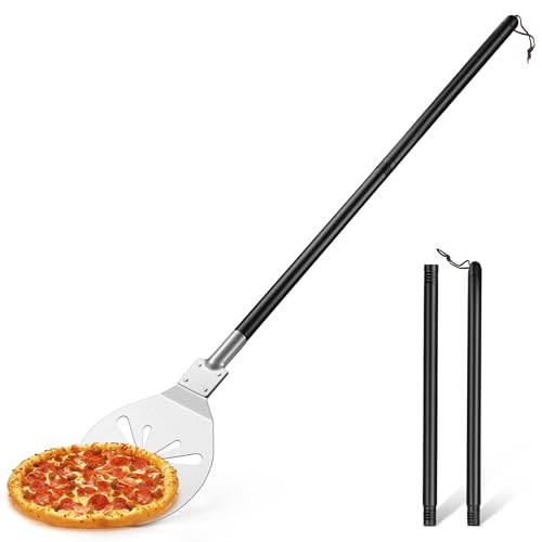 Onader Pala perforata, in acciaio inox, rotonda, per pizza, con manico in metallo rimovibile, per pizza, pane, torte, sana e facile da pulire, 20,3 x 28,3 x 110 cm