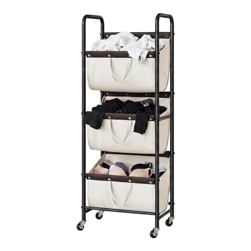 GRANNY SAYS 3 Tiered Laundry Sorter, Narrow Hamper Cart with Wheels | Sturdy 3 Section Laundry Basket with Wheels, Vertical Beige Hamper Cart for Bedroom, Bathroom, Apartment
