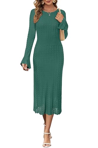 Image of Newshows Women's Hollow Slim Summer Fall Church Work Casual Sweater Dress | Machine Washable Knit Sweater Fabric, Hollow Design, Bell Sleeve, Business Casual, Church Teacher Outfits, Modest Dress