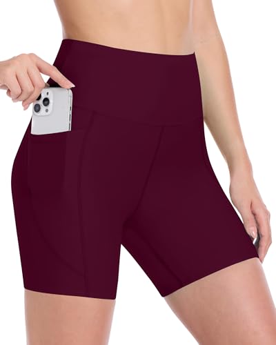 Runhit Women's Swim Board Shorts Swimsuit Bathing Suit Bottom UPF50+ High Waisted Tummy Control Quick Dry Pockets Liner 5" M Burgundy