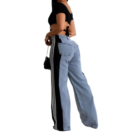 Conshvi Women's Wide Leg Jeans Striped Patchwork High Waisted Stretch Baggy Jeans Trendy Color Block Straight Leg Denim Pants2