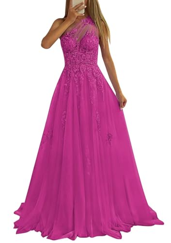 Robe de soirée longue fuchsia asymétrique en tulle avec corset en taille 46