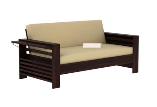 Image of Sheesham Wood 2 Seater Sofa with Side Pocket for Living Room Home || Solid Wood 2-Person Sofas Without Small Cushion Furniture for Guest Room Office (Walnut Finish)