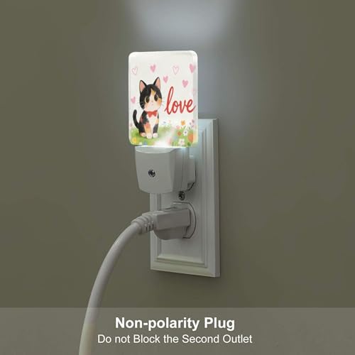 Image of Love Hearts Cute Cat Flowers Night Light 2-Pack, Auto Sensor LED Plug-in Nightlights Set of 2 for Bedroom Bathroom Corridors
