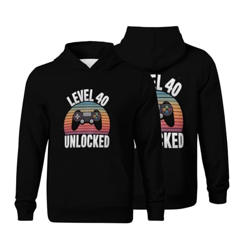 Kids Level 40 Unlocked Video Gamer 40th Birthday Gift Boys Girls Lightweight Kangaroo Pocket Fleece Hoodies