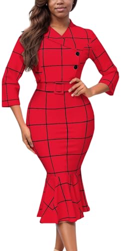Women's Church Dress Formal Long Sleeve Vintage Ruffle Wrap Work Midi Pencil Dresses
