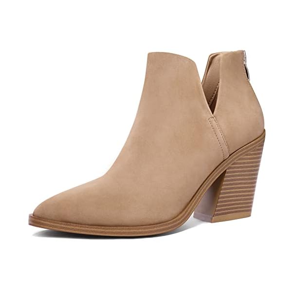 mysoft Women’s Ankle Boots Slip on Cutout Pointed Toe Chunky Stacked Mid Heel Booties