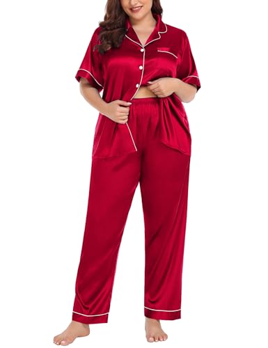Image of SWOMOG Women's Plus Size Pajamas Silk Satin Pajama Set Short Sleeve Shirt with Full-Length Pants Pjs Sleepwear Set 18W-26W