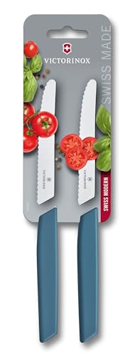 Victorinox Swiss Modern Brotzeitmesser-Set, 2-teilig, Extra Scharfe Klinge, Wellenschliff, 11 cm, Kunststoffgriff, Rostfreier Stahl, blau