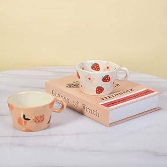 Koythin Ceramic Coffee Mug, Cute Creative Hand Printed Mug Design for Office and Home, 6.5 oz/200 ml for Latte Tea Milk (Strawberries and Flowers)