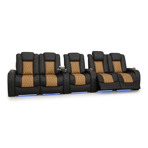 Image of Seatcraft Diamante Black /Tan Oak Italian Leather Home Theater Seating, Zero Gravity Power Recliner, Gaming and Home Office Chair, Powered Headrest Furniture for Cinema Room, Row of 5 Dual Loveseats