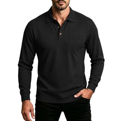 Mens Long Sleeve Polo Shirts Button Down Collar Golf Shirt | Trendy Casual, Button Down Collar, Chest Pocket, Slim Fit, Lightweight, Golf, Work, Fall, Winter Black XL - image 1
