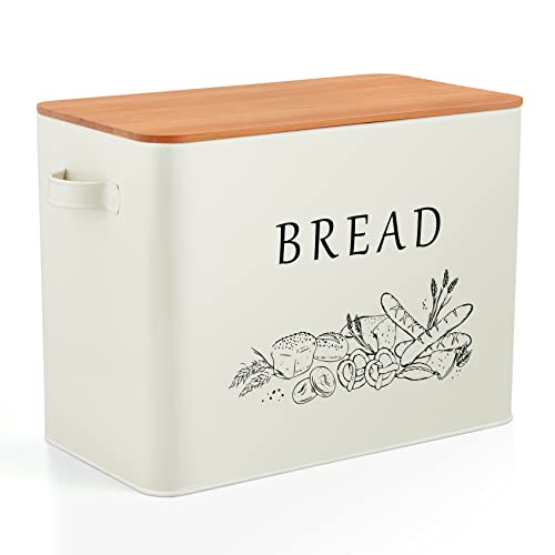 Onader Bread Bin, Metal Bread Box with Wooden Cutting Board Lid, Extra Large Bread Container Holds 2 Loaves, Vintage Bread Storage for Kitchen Countertop, Space-Saving & Heavy Duty - Cream