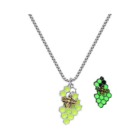 Luminous Bumble Bee Necklace Pendant for Women Men Cute Small Bee Honeycomb Hive Necklace Glow in The Dark Jewelry Gift, No Gemstone Cover