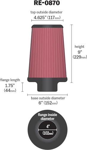Image of K&N High-Flow Original Lifetime Universal Clamp-On Air Filter: High Performance, Premium, Washable: Flange Diameter: 4 In, Filter Height: 9 In, Flange Length: 1.75 In, Shape: Round Tapered, RE-0870