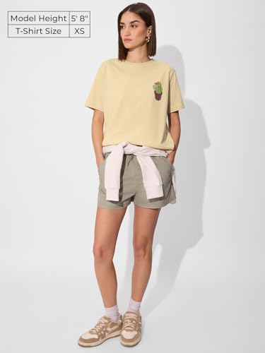 Image of The Souled Store Cactus Women and Girls Short Sleeves Round Neck Yellow Graphic Printed Cotton Relaxed Fit T-Shirts