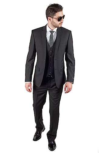 AZAR MAN Slim Fit 3 Piece Vested Solid Black 2 Button Notch Label
