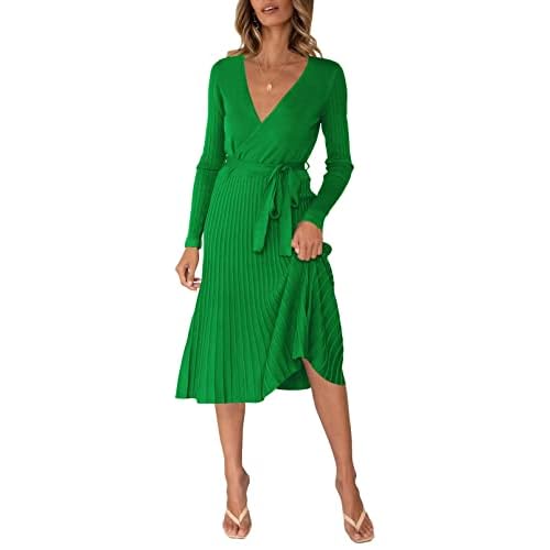 Pink Queen Women's Wrap Sweater Dress V Neck Long Sleeve Ribbed Swing Knit Midi Dresses with Belt Small Black