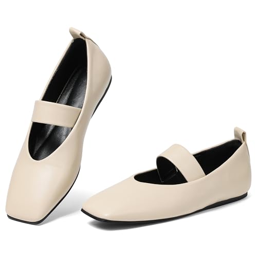 Uacllcau Ballet Flats Shoes for Women Square Toe Mary Jane Shoes Flat Women Comfortable Dressy Casual Slip On Ballerina Mesh Flats with Elastic Strap Beige