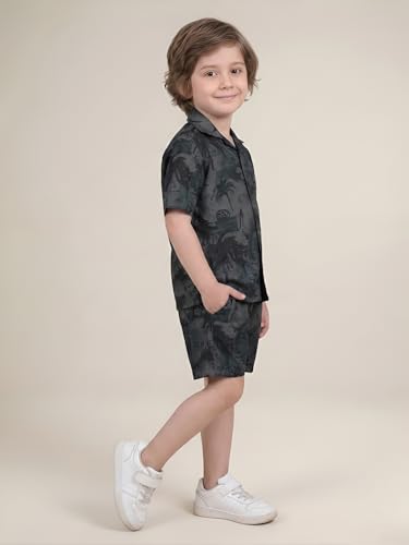 Image of POLKA TOTS Cotton Boys Summer T-shirts and Shorts Combo Set | Premium Printed Shirt & Shorts Combo | Relaxed Fit | Summer Toddler Outfit for Kids | Co-Ord Set For Boys | Tropical Print | Black 3-4 Y