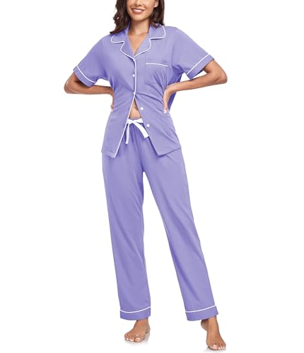 Image of CF Womens 100% Cotton Pajamas Set Button Down Pjs Sets Short Sleeve Top & Long Pants Sleepwear Comfy Loungewear with Pockets