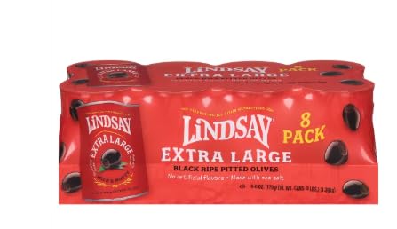 LINDSAY Extra Large Black Ripe Pitted Olives With Sea Salt No Artificial Flavors Kosher Pitted NON GMO 6 oz Cans (8 Pack)
