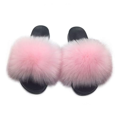 Image of Women's Faux Fur Slides Slippers Fluffy Fuzzy Sandals Open Toe Furry Slide Flip Flop Indoor Outdoor