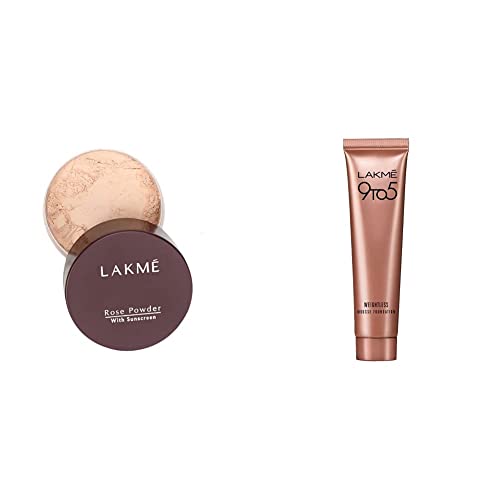 Image of LAKME Rose Matte Face Powder, Soft Pink, 40G And 9 To 5 Weightless Light Mousse Foundation for Oily,All Skin Types, Beige Vanilla, 6G