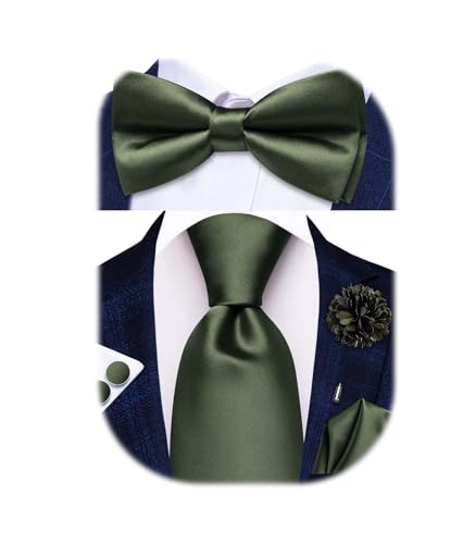 Image of Hi-Tie 5Pcs Mens Solid Color Silk Tie Satin Pretied Bowtie Lapel Pin for Men Handkerchief Cufflink Wedding Gift Box
