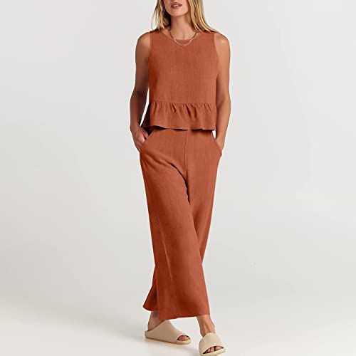 Petyczen Linen Sets For Women 2 Piece Summer Outfits Casual Dressy Sleeveless Jumpsuits Pleated Crop Tops With Wide Leg Pants Tracksuit Sweatsuits Pajama Sets With Pockets(J-Brown,Medium) #TOP4