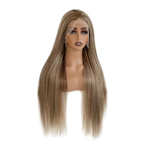 Image of Ombre Brown Highlights Human Hair Lace Front Wig for White Women Balayage Lace Frontal Pre Plucked Glueless Wigs with Brown Roots 22 Inch 13x6 Deep Parting Real Remy Wig 180% Density Tiny Knots